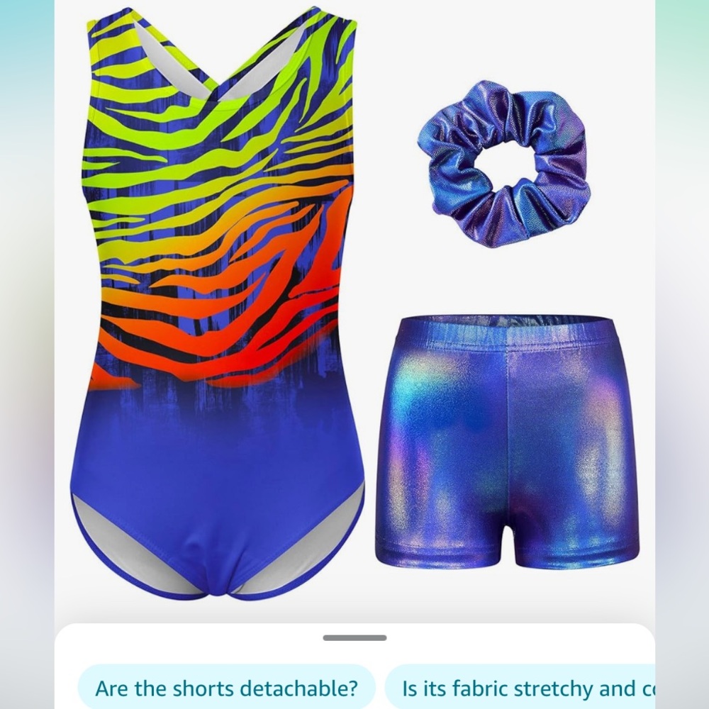 Idgreatim Gymnastics Leotards Sparkly Unitards Tumbling Shorts and scrunchie 6
